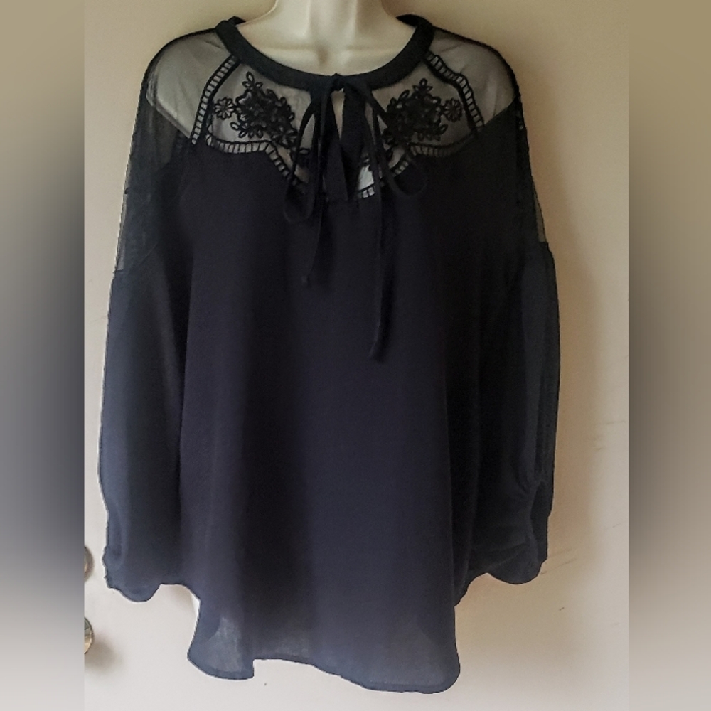 Elegant Black Sheer Blouse, Size XL